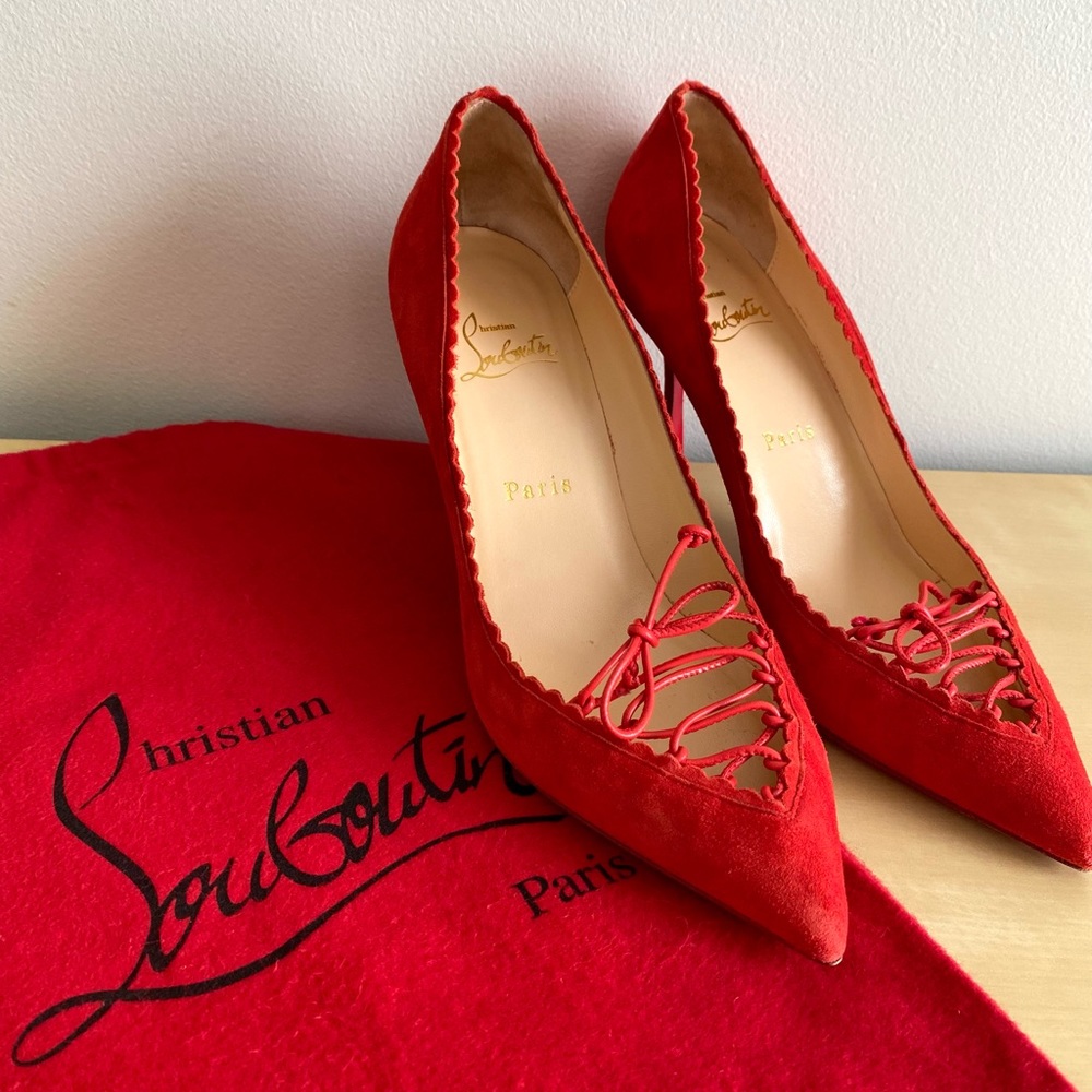Christian Louboutin Cherry Red Scalopump 85MM Fraise Suede Heels 37.5 - Picture 4 of 12